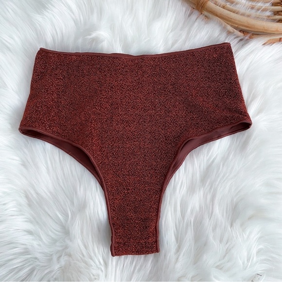 Oseree Lumiere High Waisted Rise Bikini Bottoms Glitter Maroon Burgundy Red - Picture 1 of 7